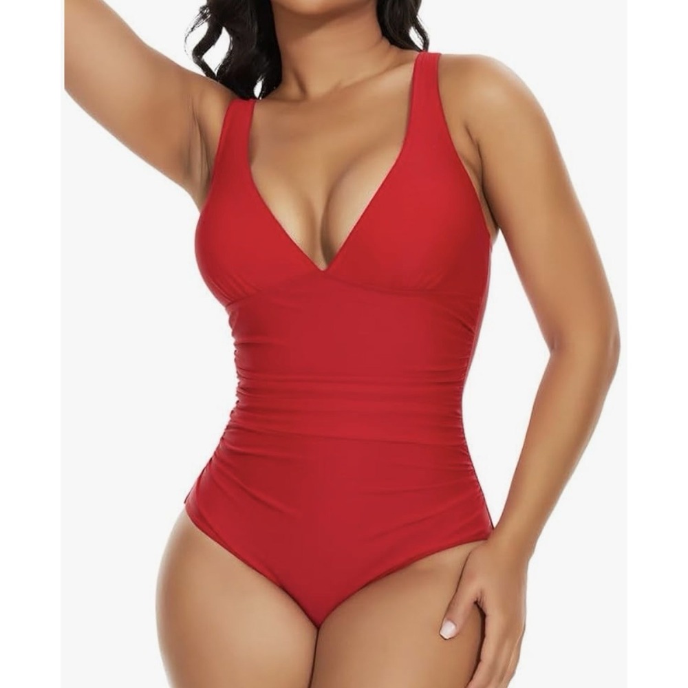 Shaperin One Piece Tummy Control Ruched Push Up Padded Swimwear Xl Red
